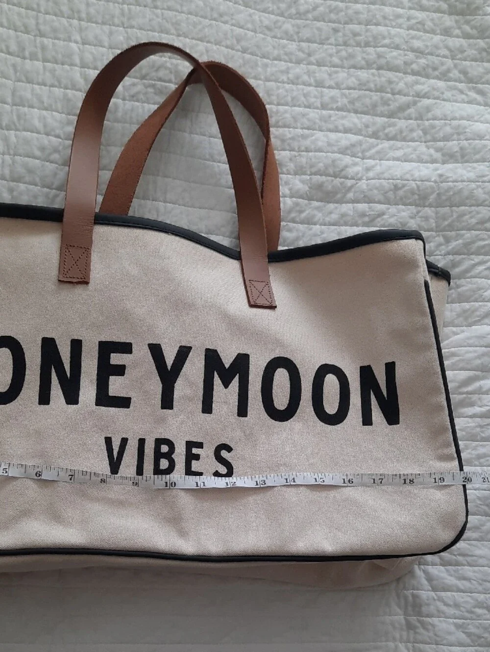 Cream Canvas 'HONEYMOON VIBES' Tote with Brown Handles